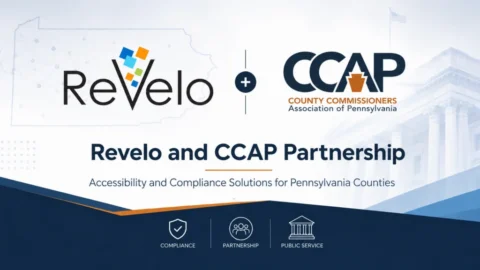 Graphic for Revelo Software and the County Commissioners Association of Pennsylvania partnership, highlighting accessibility and compliance solutions for Pennsylvania counties with government and public service design elements.