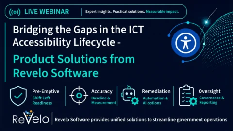 Live webinar banner for Revelo Software on bridging gaps in the ICT accessibility lifecycle through pre-emptive readiness, accuracy, remediation, and oversight.